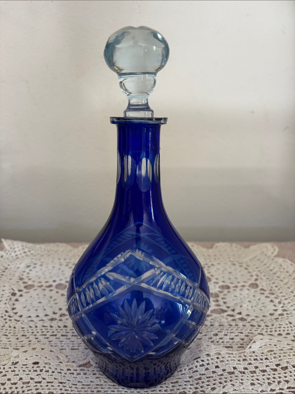 Bohemian Cobalt Blue Cut To Clear Crystal Decanter ~ vintage